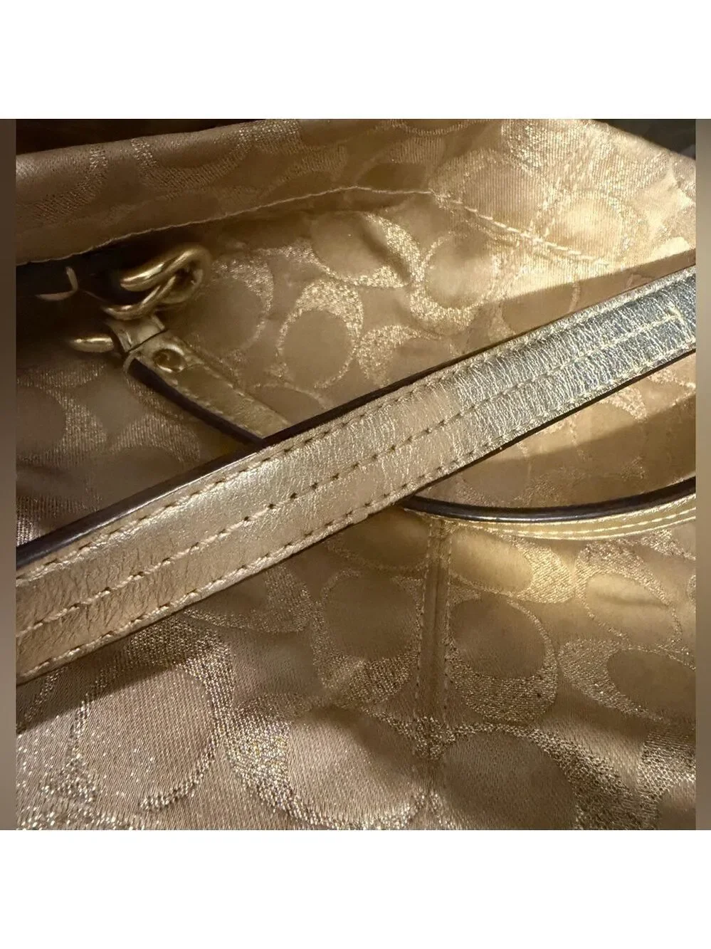 Coach Signature Brooke Hobo Bag Metallic Gold Sateen Gold Hardware Hang Tag